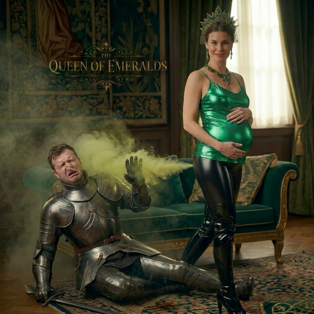 AI Design for this beautiful pregnant queen of emerald is doing farting punishment to the knight