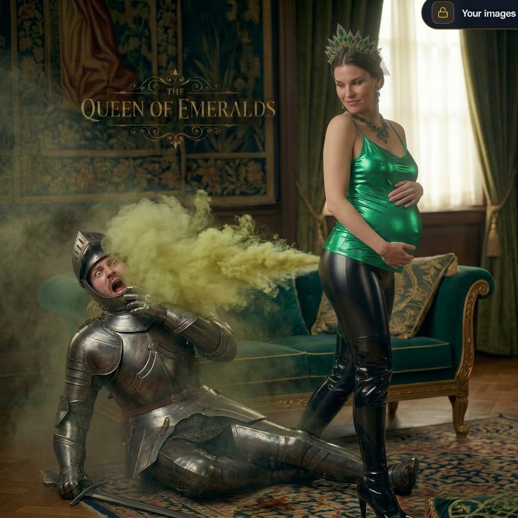 AI Design for this beautiful pregnant queen of emerald is farting very close on the knight
