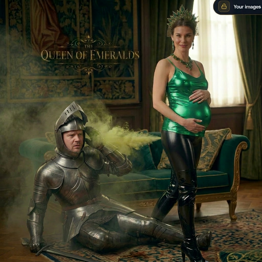 AI Design for this beautiful pregnant queen of emerald is farting while knight is listening on her bottom