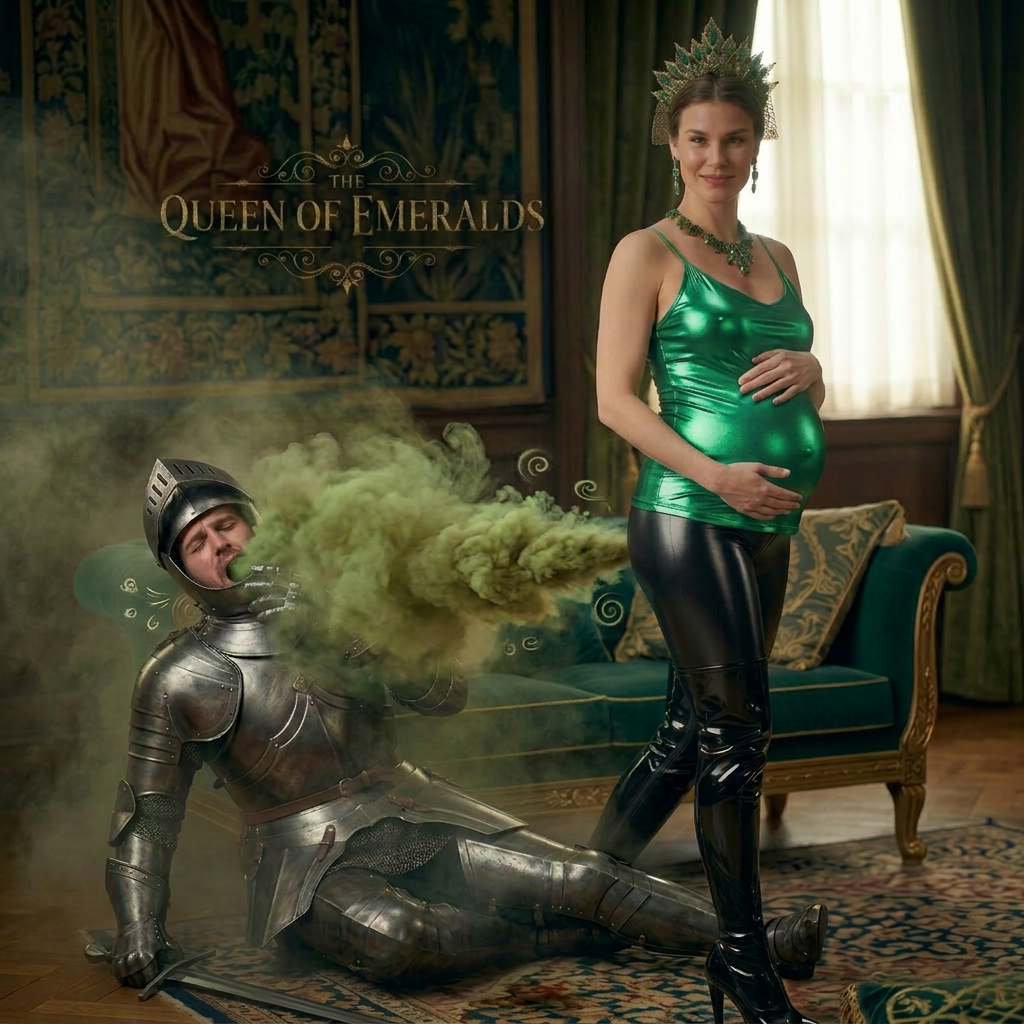 AI Design for this beautiful pregnant queen of emerald is farting very close on the knight