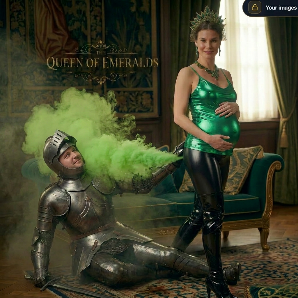 AI Design for this beautiful pregnant queen of emerald is farting while knight is leaning on her bottom