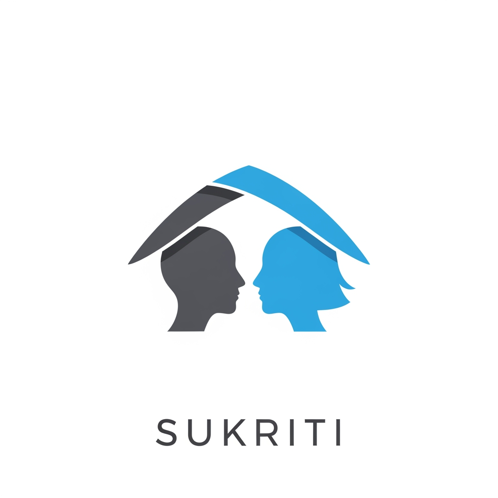 AI Design for Abstract logo design for 'Sukriti' education brand. Two minimalist human head profiles (one male, one female) are placed facing each other. The tops of their heads connect to form the shape of a protective roof or shelter. This symbolizes teachers (male and female) providing a safe learning environment together. Clean, modern, flat vector style. No gender symbols, just head shapes. Calm academic colors: Charcoal Grey and Sky Blue. White background.