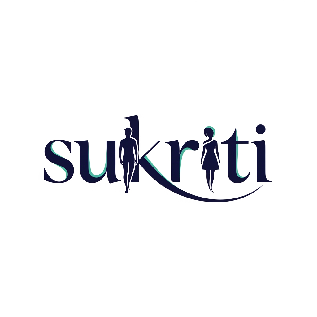 AI Design for Design an elegant and creative wordmark logo for the name 'Sukriti'. The typography itself should subtly represent gender equality. The first half of the word or specific letters (like 'S' and 'K') should be designed to look like a male figure silhouette, while the other letters look like a female figure silhouette. This should be very subtle and high-end, not a cartoon. The letters flow together harmoniously as one word. Minimalist style. Colors: Dark Navy Blue and Soft Teal. White background. Sans-serif font. For HidingElephant.