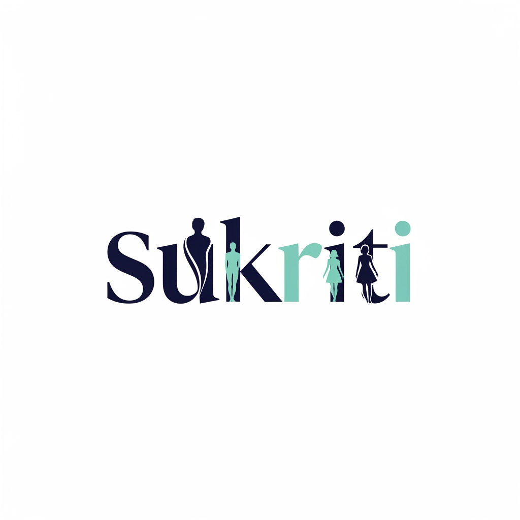 AI Design for Design an elegant and creative wordmark logo for the name 'Sukriti'. The typography itself should subtly represent gender equality. The first half of the word or specific letters (like 'S' and 'K') should be designed to look like a male figure silhouette, while the other letters look like a female figure silhouette. This should be very subtle and high-end, not a cartoon. The letters flow together harmoniously as one word. Minimalist style. Colors: Dark Navy Blue and Soft Teal. White background. Sans-serif font. For HidingElephant.