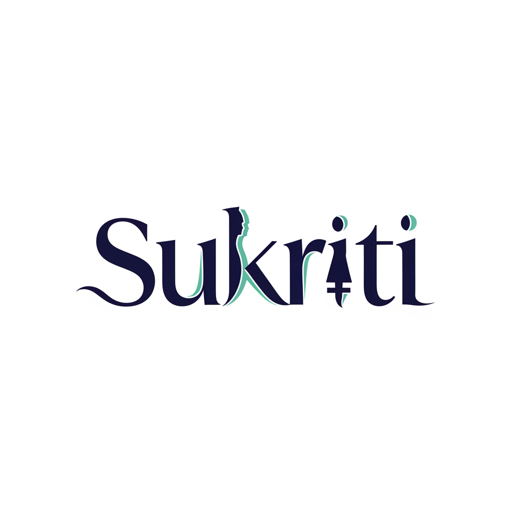 AI Design for Design an elegant and creative wordmark logo for the name 'Sukriti'. The typography itself should subtly represent gender equality. The first half of the word or specific letters (like 'S' and 'K') should be designed to look like a male figure silhouette, while the other letters look like a female figure silhouette. This should be very subtle and high-end, not a cartoon. The letters flow together harmoniously as one word. Minimalist style. Colors: Dark Navy Blue and Soft Teal. White background. Sans-serif font. For HidingElephant.