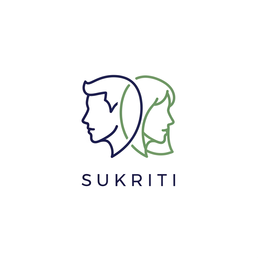 AI Design for Create a minimalist and elegant logo mark for an educational institute named 'Sukriti'. The logo features two clean, side-by-side profile silhouettes of human faces. One silhouette should have subtle masculine features (like a short hair shadow) and the other subtle feminine features (like a slightly softer jawline). They are equal in size and balance, symbolizing gender equality, teamwork, and partnership. Do not use actual male/female gender symbols (like ♂/♀). Use only elegant, smooth vector lines. Professional, modern, and calm style. Colors: Deep Blue and Sage Green on a white background.