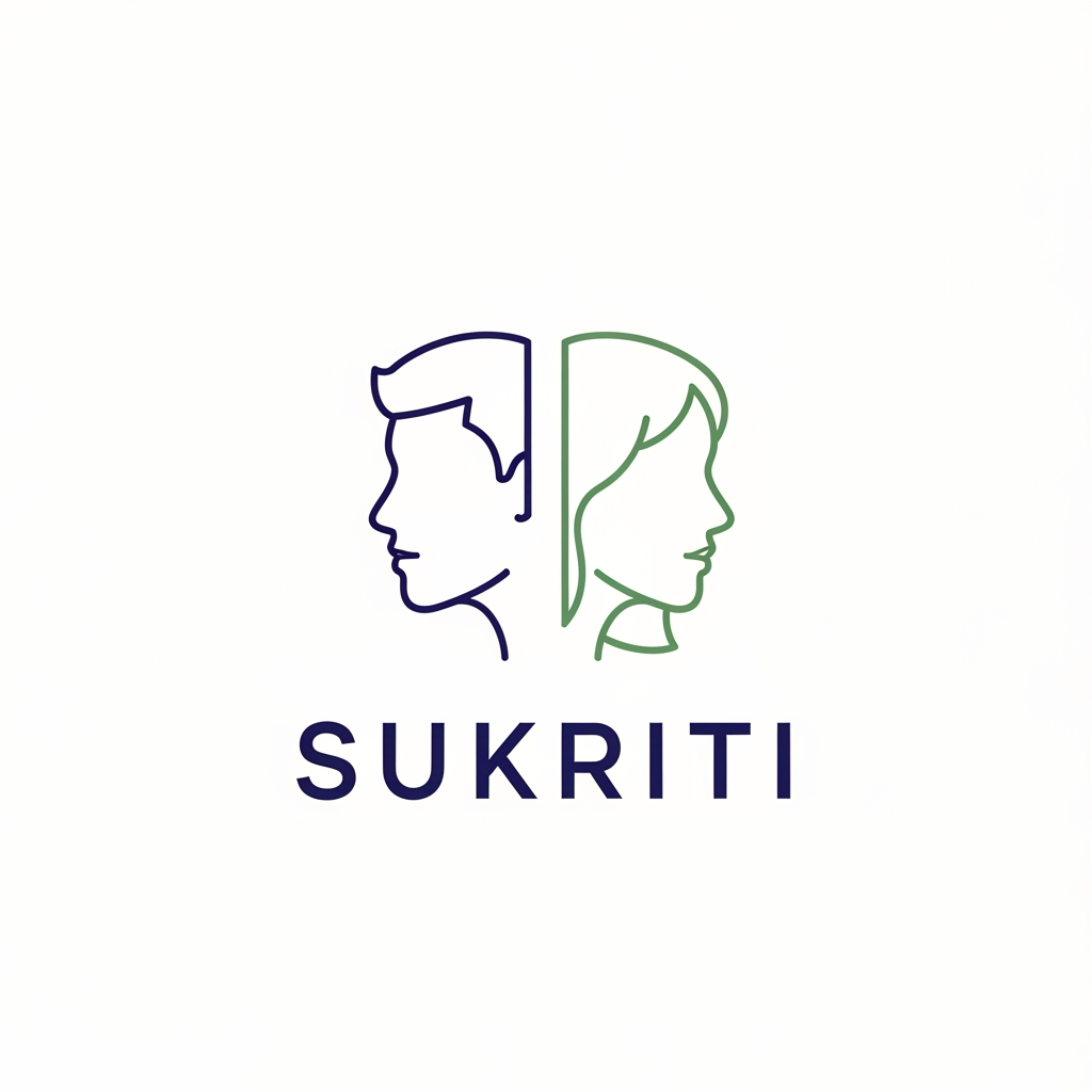 AI Design for Create a minimalist and elegant logo mark for an educational institute named 'Sukriti'. The logo features two clean, side-by-side profile silhouettes of human faces. One silhouette should have subtle masculine features (like a short hair shadow) and the other subtle feminine features (like a slightly softer jawline). They are equal in size and balance, symbolizing gender equality, teamwork, and partnership. Do not use actual male/female gender symbols (like ♂/♀). Use only elegant, smooth vector lines. Professional, modern, and calm style. Colors: Deep Blue and Sage Green on a white background.