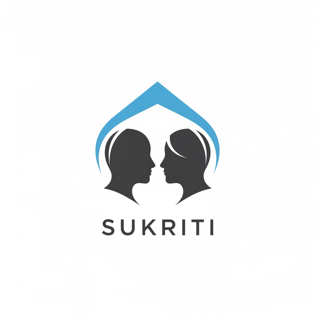 AI Design for Abstract logo design for 'Sukriti' education brand. Two minimalist human head profiles (one male, one female) are placed facing each other. The tops of their heads connect to form the shape of a protective roof or shelter. This symbolizes teachers (male and female) providing a safe learning environment together. Clean, modern, flat vector style. No gender symbols, just head shapes. Calm academic colors: Charcoal Grey and Sky Blue. White background.
