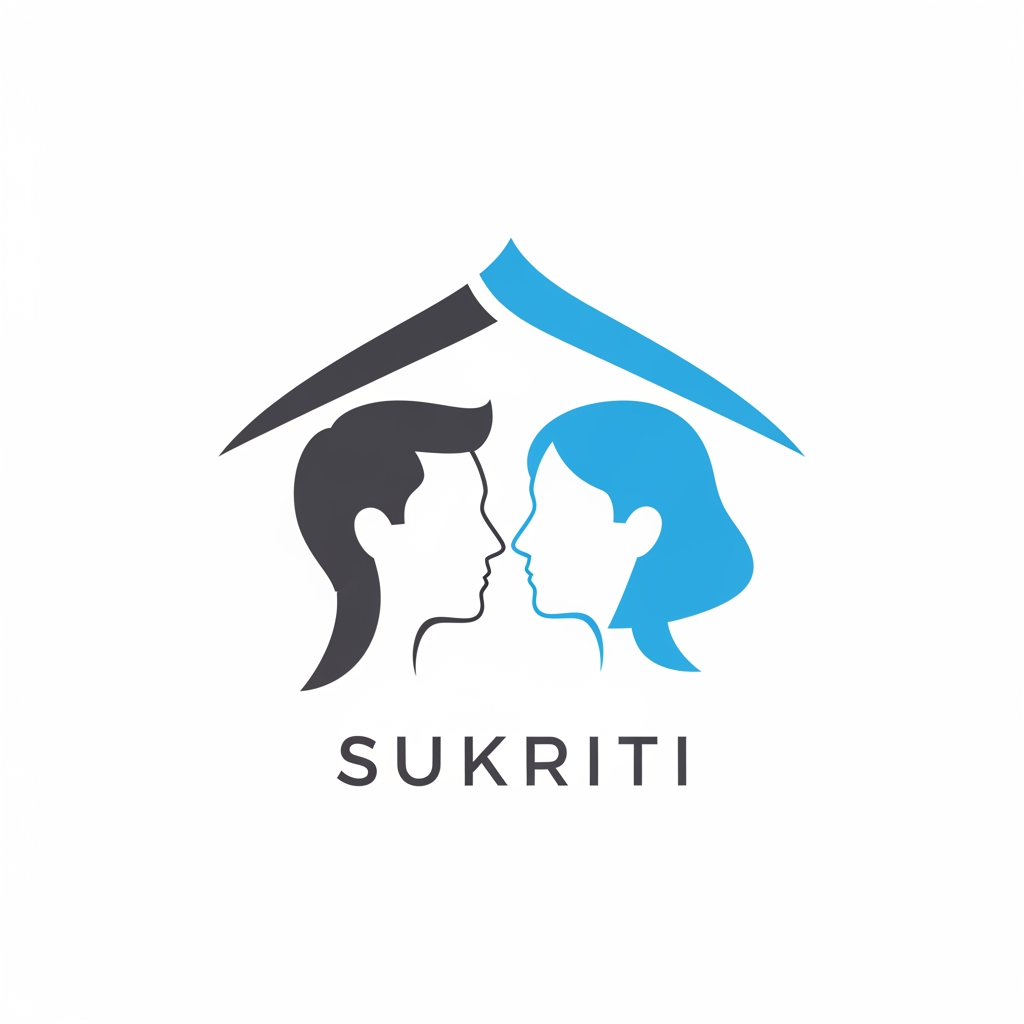 AI Design for Abstract logo design for 'Sukriti' education brand. Two minimalist human head profiles (one male, one female) are placed facing each other. The tops of their heads connect to form the shape of a protective roof or shelter. This symbolizes teachers (male and female) providing a safe learning environment together. Clean, modern, flat vector style. No gender symbols, just head shapes. Calm academic colors: Charcoal Grey and Sky Blue. White background.