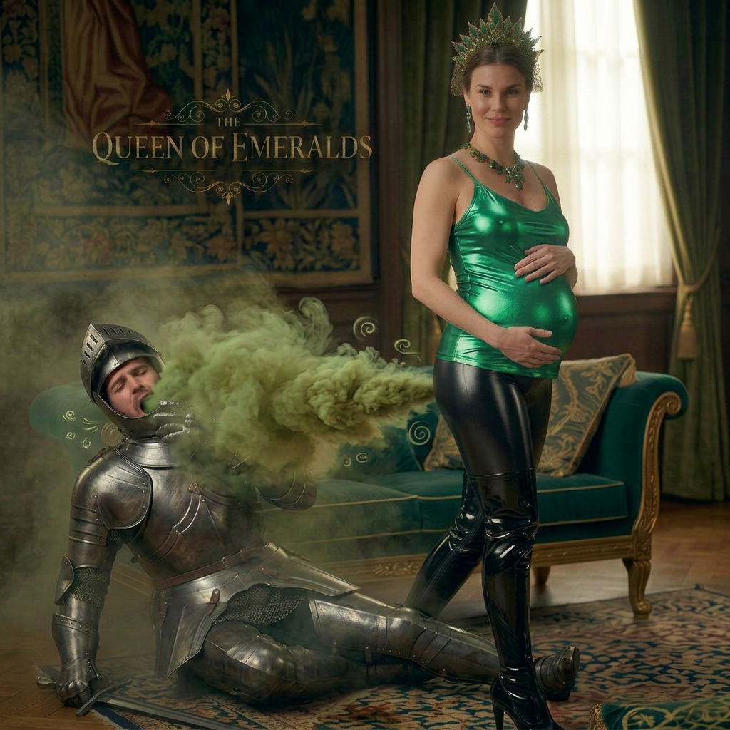 AI Design for this beautiful pregnant queen of emerald is doing sitting on his head very close farting punishment to the knight