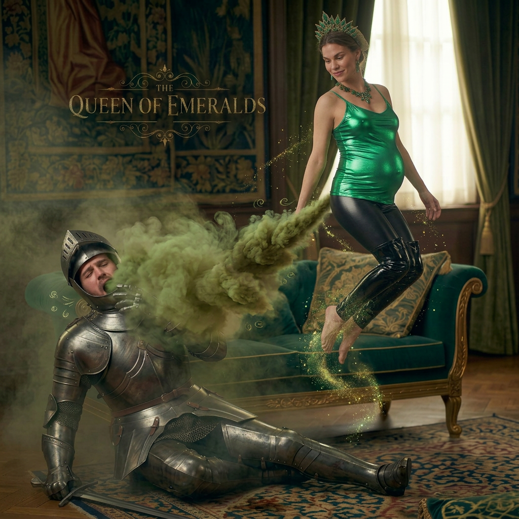 AI Design for this beautiful pregnant queen of emerald is flying and farting on the knight who kneels