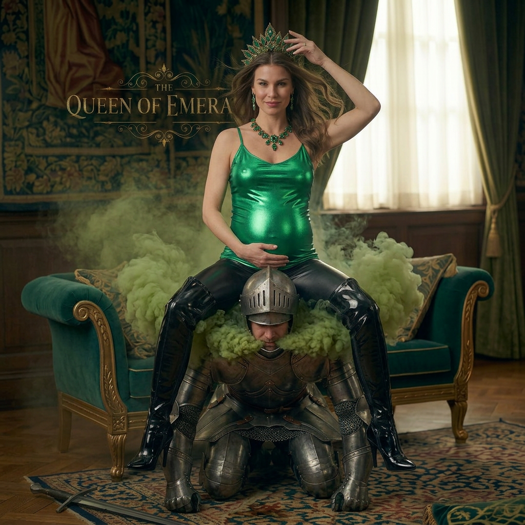 AI Design for this beautiful pregnant queen of emerald is farting and sitting on a knights head and showing sexy pose one hand on her head