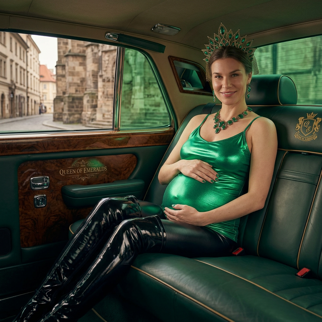 AI Design for this beautiful pregnant queen of emerald is sitting in a car