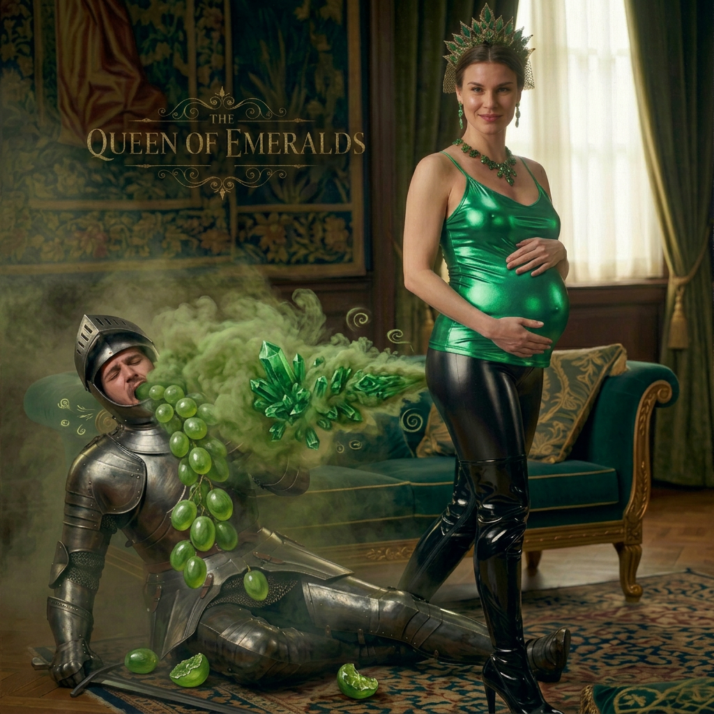 AI Design for this beautiful pregnant queen of emerald is farting and eating the knight