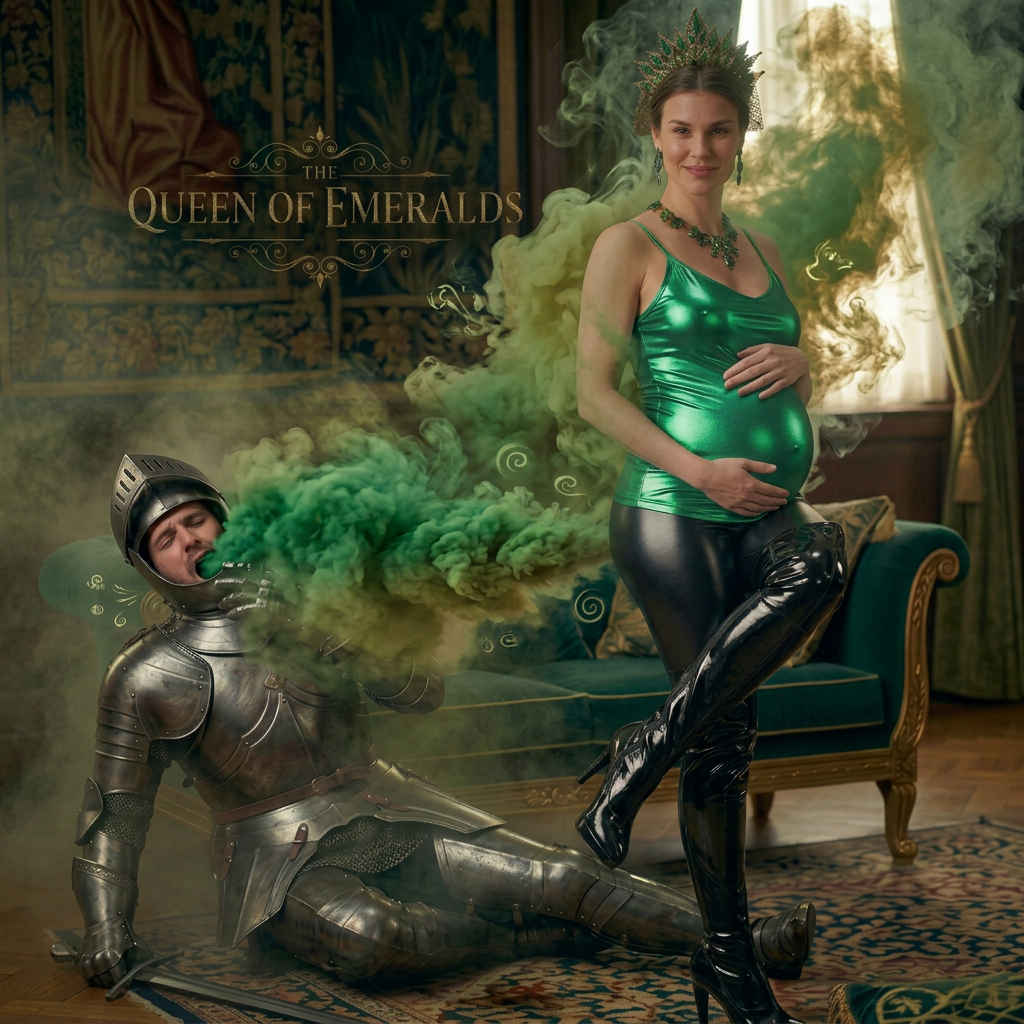 AI Design for this beautiful pregnant queen of emerald is sitting on this knights head