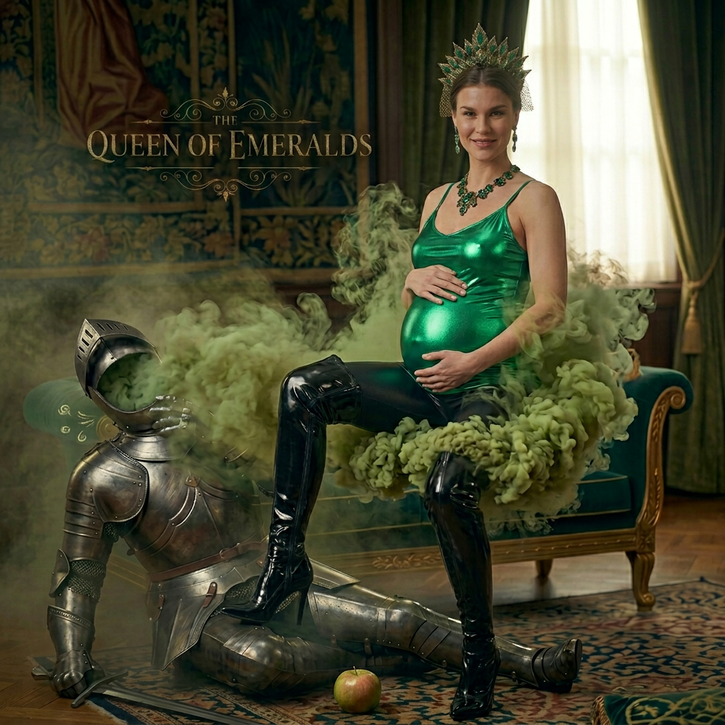 AI Design for this beautiful pregnant queen of emerald is sitting on knights face