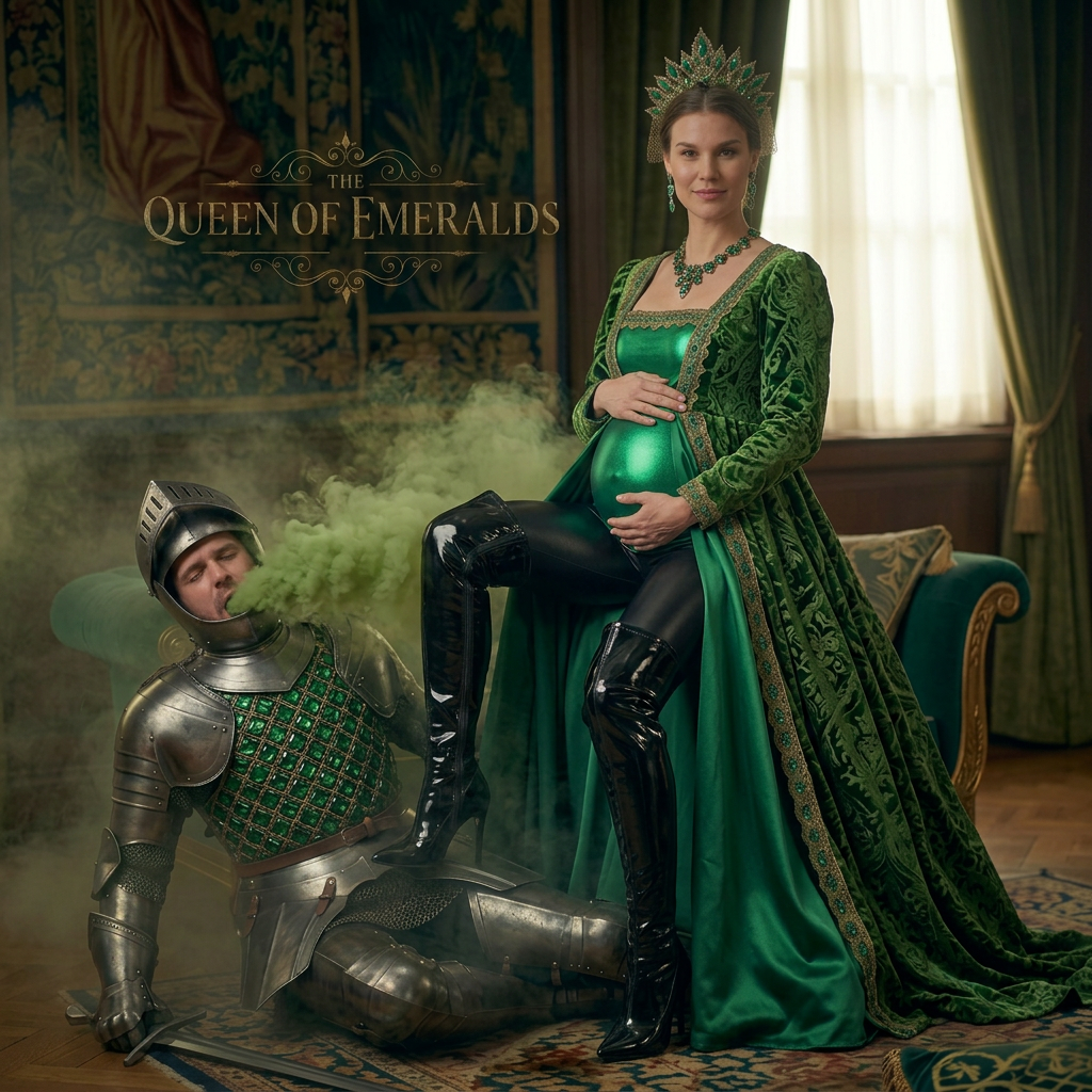 AI Design for this beautiful pregnant queen of emerald is sitting on the knights head and shiny leggings