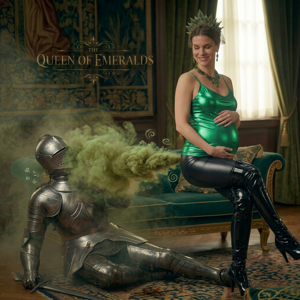 AI Design for this beautiful pregnant queen of emerald is doing sitting very close farting punishment to the knight