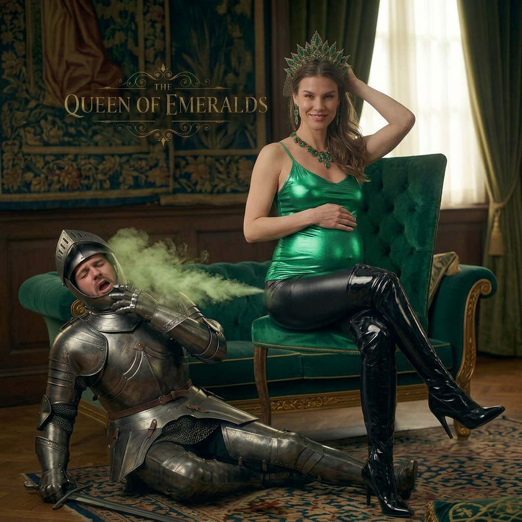 AI Design for this beautiful pregnant queen of emerald is farting and sitting on a knights head and showing sexy pose one hand on her head