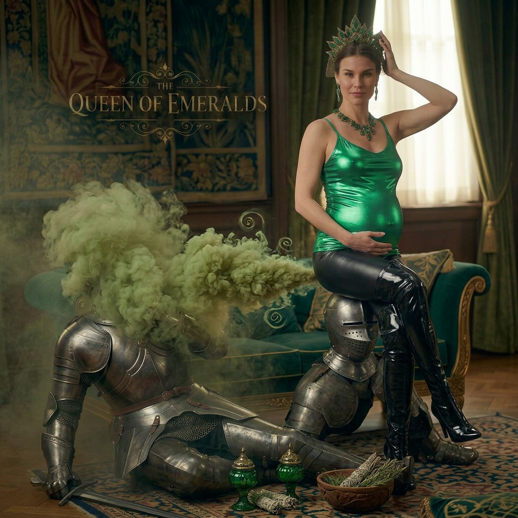 AI Design for this beautiful pregnant queen of emerald is farting and sitting on a knights head and showing sexy pose one hand on her head