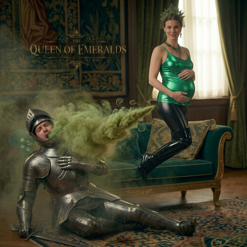 AI Design for this beautiful pregnant queen of emerald is flying and farting on the knight who kneels