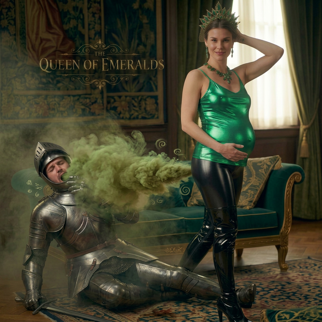 AI Design for this beautiful pregnant queen of emerald is farting on a knight and showing sexy pose one hand on her head
