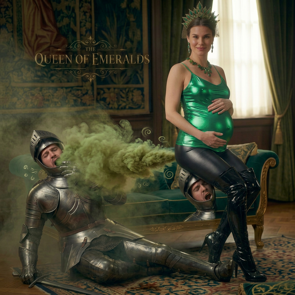 AI Design for this beautiful pregnant queen of emerald is sitting on the knights head