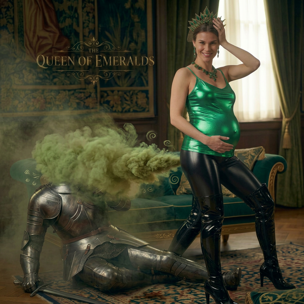 AI Design for this beautiful pregnant queen of emerald is farting and sitting on a knights head and showing sexy pose one hand on her head with spread out legd