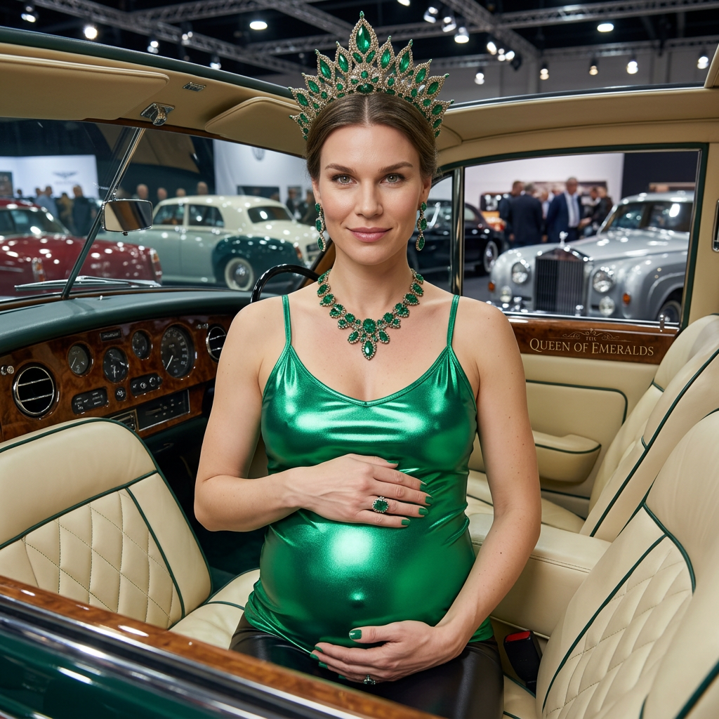 AI Design for this beautiful pregnant queen of emerald is sitting in a car show her front and come closer