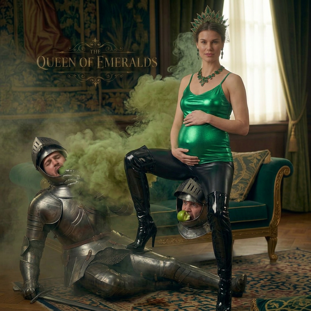 AI Design for this beautiful pregnant queen of emerald is sitting on knights face