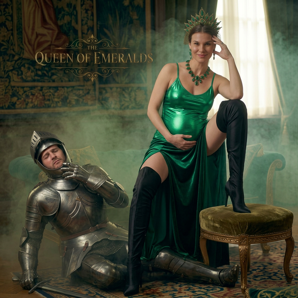 AI Design for this beautiful pregnant queen of emerald is farting and sitting on a knights head and showing sexy pose one hand on her head with spread out legs