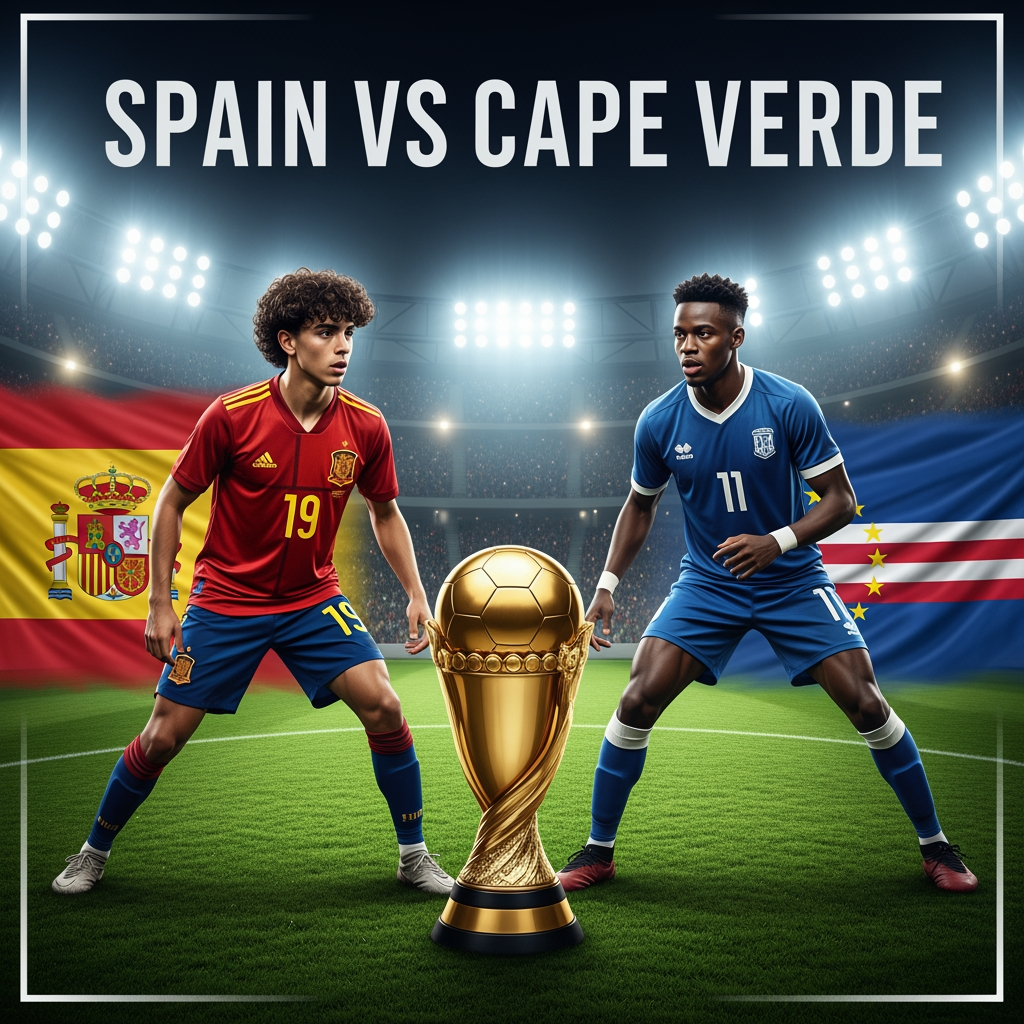 AI Design for Professional YouTube livestream thumbnail, 16:9 aspect ratio. Young Spanish football star on the left side, 17 years old, curly dark hair, realistic facial features, wearing red Spain national team jersey number 19. Cape Verde football player on the right side. Large golden championship trophy in the center. Packed football stadium, bright floodlights, dramatic atmosphere, realistic grass pitch. Spain flag behind the left side, Cape Verde flag behind the right side. Professional sports broadcast graphics. Large text: SPAIN VS CAPE VERDE. Ultra realistic, photorealistic, cinematic lighting, high detail, sports network style, no cartoon, no anime, no illustration.