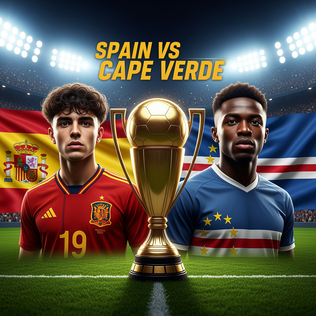 AI Design for Professional YouTube livestream thumbnail, 16:9 aspect ratio. Young Spanish football star on the left side, 17 years old, curly dark hair, realistic facial features, wearing red Spain national team jersey number 19. Cape Verde football player on the right side. Large golden championship trophy in the center. Packed football stadium, bright floodlights, dramatic atmosphere, realistic grass pitch. Spain flag behind the left side, Cape Verde flag behind the right side. Professional sports broadcast graphics. Large text: SPAIN VS CAPE VERDE. Ultra realistic, photorealistic, cinematic lighting, high detail, sports network style, no cartoon, no anime, no illustration.