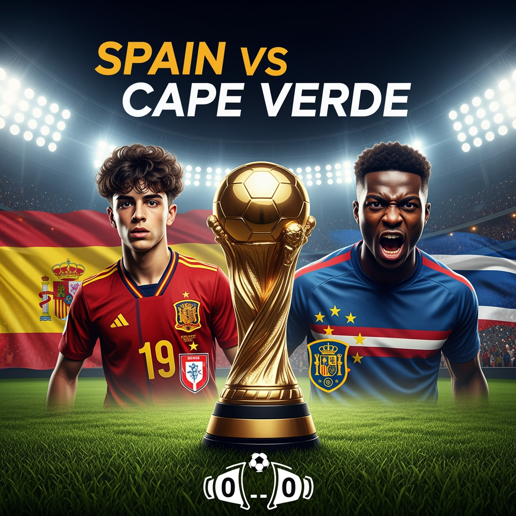 AI Design for Professional YouTube livestream thumbnail, 16:9 aspect ratio. Young Spanish football star on the left side, 17 years old, curly dark hair, realistic facial features, wearing red Spain national team jersey number 19. Cape Verde football player on the right side. Large golden championship trophy in the center. Packed football stadium, bright floodlights, dramatic atmosphere, realistic grass pitch. Spain flag behind the left side, Cape Verde flag behind the right side. Professional sports broadcast graphics. Large text: SPAIN VS CAPE VERDE. Ultra realistic, photorealistic, cinematic lighting, high detail, sports network style, no cartoon, no anime, no illustration.