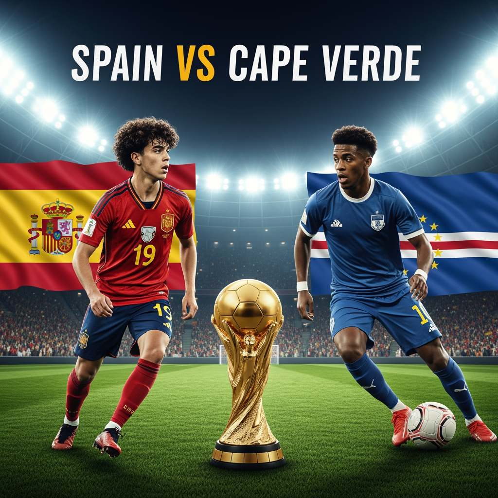 AI Design for Professional YouTube livestream thumbnail, 16:9 aspect ratio. Young Spanish football star on the left side, 17 years old, curly dark hair, realistic facial features, wearing red Spain national team jersey number 19. Cape Verde football player on the right side. Large golden championship trophy in the center. Packed football stadium, bright floodlights, dramatic atmosphere, realistic grass pitch. Spain flag behind the left side, Cape Verde flag behind the right side. Professional sports broadcast graphics. Large text: SPAIN VS CAPE VERDE. Ultra realistic, photorealistic, cinematic lighting, high detail, sports network style, no cartoon, no anime, no illustration.