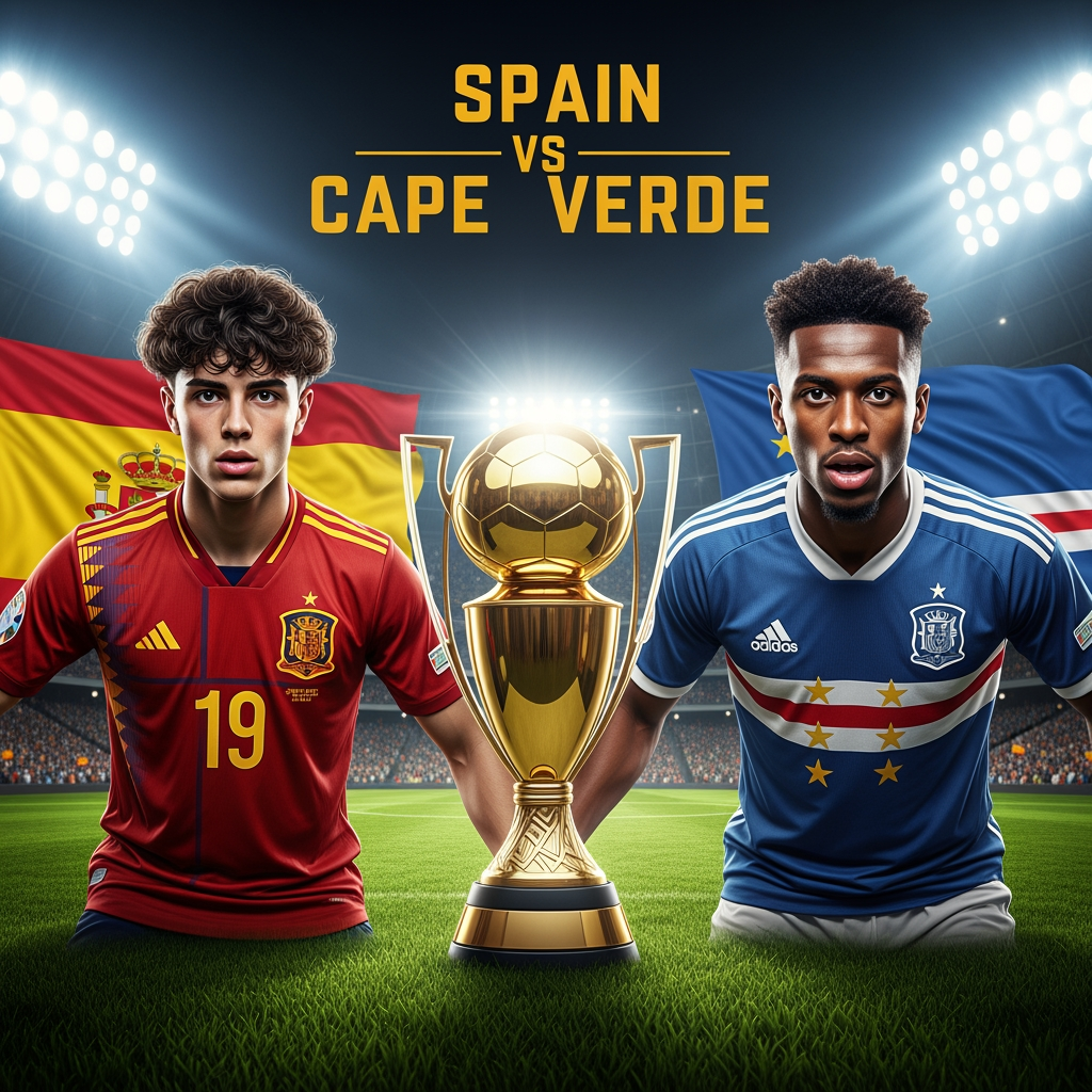 AI Design for Professional YouTube livestream thumbnail, 16:9 aspect ratio. Young Spanish football star on the left side, 17 years old, curly dark hair, realistic facial features, wearing red Spain national team jersey number 19. Cape Verde football player on the right side. Large golden championship trophy in the center. Packed football stadium, bright floodlights, dramatic atmosphere, realistic grass pitch. Spain flag behind the left side, Cape Verde flag behind the right side. Professional sports broadcast graphics. Large text: SPAIN VS CAPE VERDE. Ultra realistic, photorealistic, cinematic lighting, high detail, sports network style, no cartoon, no anime, no illustration.