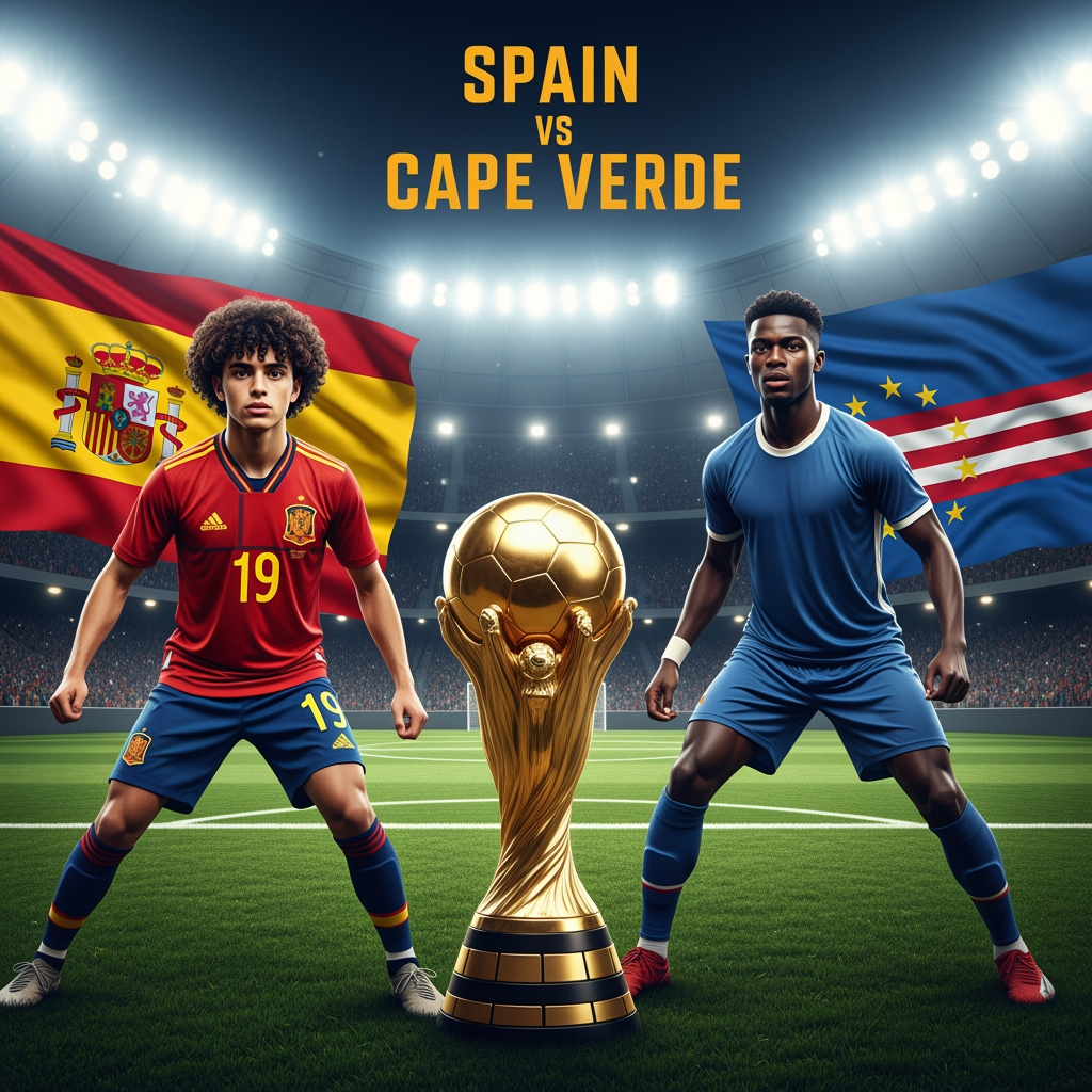 AI Design for Professional YouTube livestream thumbnail, 16:9 aspect ratio. Young Spanish football star on the left side, 17 years old, curly dark hair, realistic facial features, wearing red Spain national team jersey number 19. Cape Verde football player on the right side. Large golden championship trophy in the center. Packed football stadium, bright floodlights, dramatic atmosphere, realistic grass pitch. Spain flag behind the left side, Cape Verde flag behind the right side. Professional sports broadcast graphics. Large text: SPAIN VS CAPE VERDE. Ultra realistic, photorealistic, cinematic lighting, high detail, sports network style, no cartoon, no anime, no illustration. 1280x720
