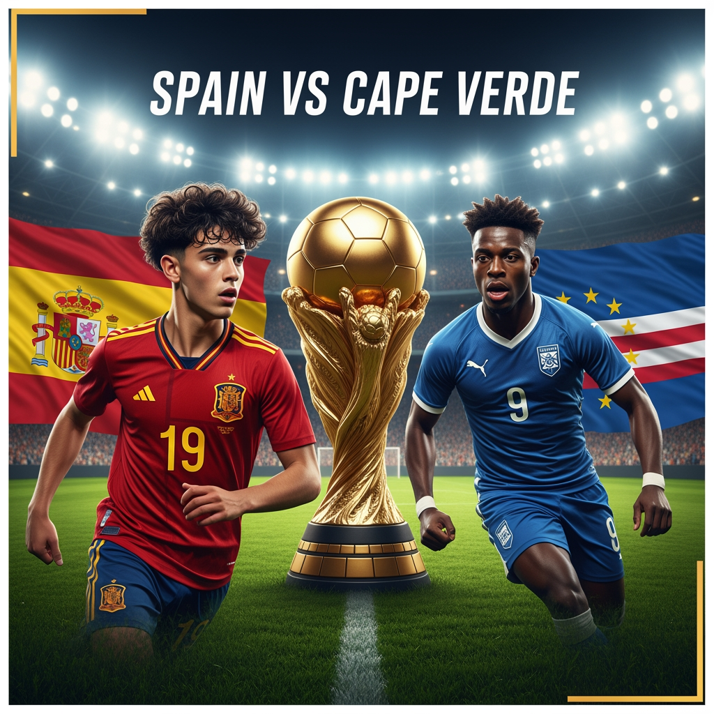 AI Design for Professional YouTube livestream thumbnail, 16:9 aspect ratio. Young Spanish football star on the left side, 17 years old, curly dark hair, realistic facial features, wearing red Spain national team jersey number 19. Cape Verde football player on the right side. Large golden championship trophy in the center. Packed football stadium, bright floodlights, dramatic atmosphere, realistic grass pitch. Spain flag behind the left side, Cape Verde flag behind the right side. Professional sports broadcast graphics. Large text: SPAIN VS CAPE VERDE. Ultra realistic, photorealistic, cinematic lighting, high detail, sports network style, no cartoon, no anime, no illustration.