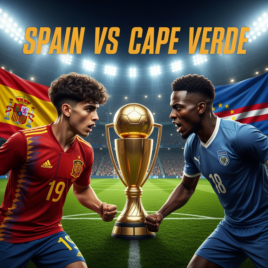 AI Design for Professional YouTube livestream thumbnail, 16:9 aspect ratio. Young Spanish football star on the left side, 17 years old, curly dark hair, realistic facial features, wearing red Spain national team jersey number 19. Cape Verde football player on the right side. Large golden championship trophy in the center. Packed football stadium, bright floodlights, dramatic atmosphere, realistic grass pitch. Spain flag behind the left side, Cape Verde flag behind the right side. Professional sports broadcast graphics. Large text: SPAIN VS CAPE VERDE. Ultra realistic, photorealistic, cinematic lighting, high detail, sports network style, no cartoon, no anime, no illustration. 1280x720