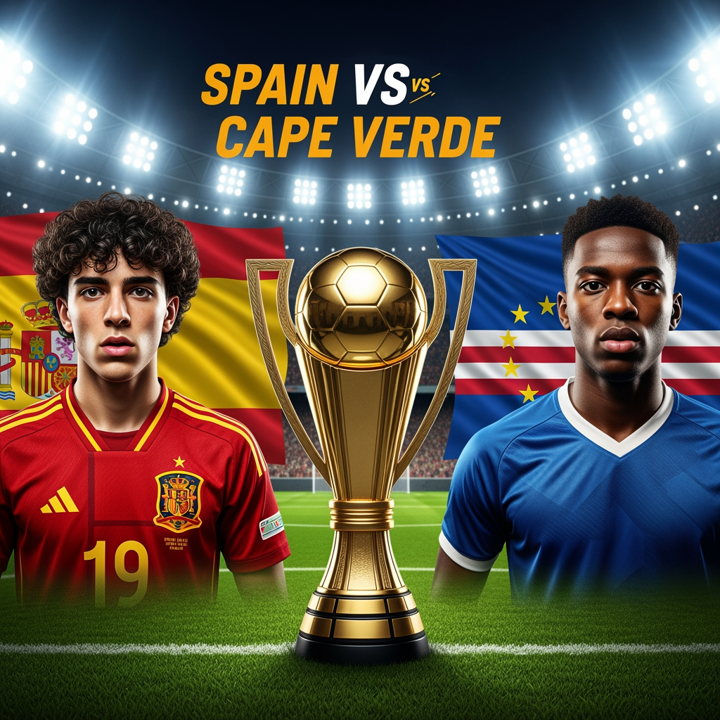 AI Design for Professional YouTube livestream thumbnail, 16:9 aspect ratio. Young Spanish football star on the left side, 17 years old, curly dark hair, realistic facial features, wearing red Spain national team jersey number 19. Cape Verde football player on the right side. Large golden championship trophy in the center. Packed football stadium, bright floodlights, dramatic atmosphere, realistic grass pitch. Spain flag behind the left side, Cape Verde flag behind the right side. Professional sports broadcast graphics. Large text: SPAIN VS CAPE VERDE. Ultra realistic, photorealistic, cinematic lighting, high detail, sports network style, no cartoon, no anime, no illustration. 1280x720