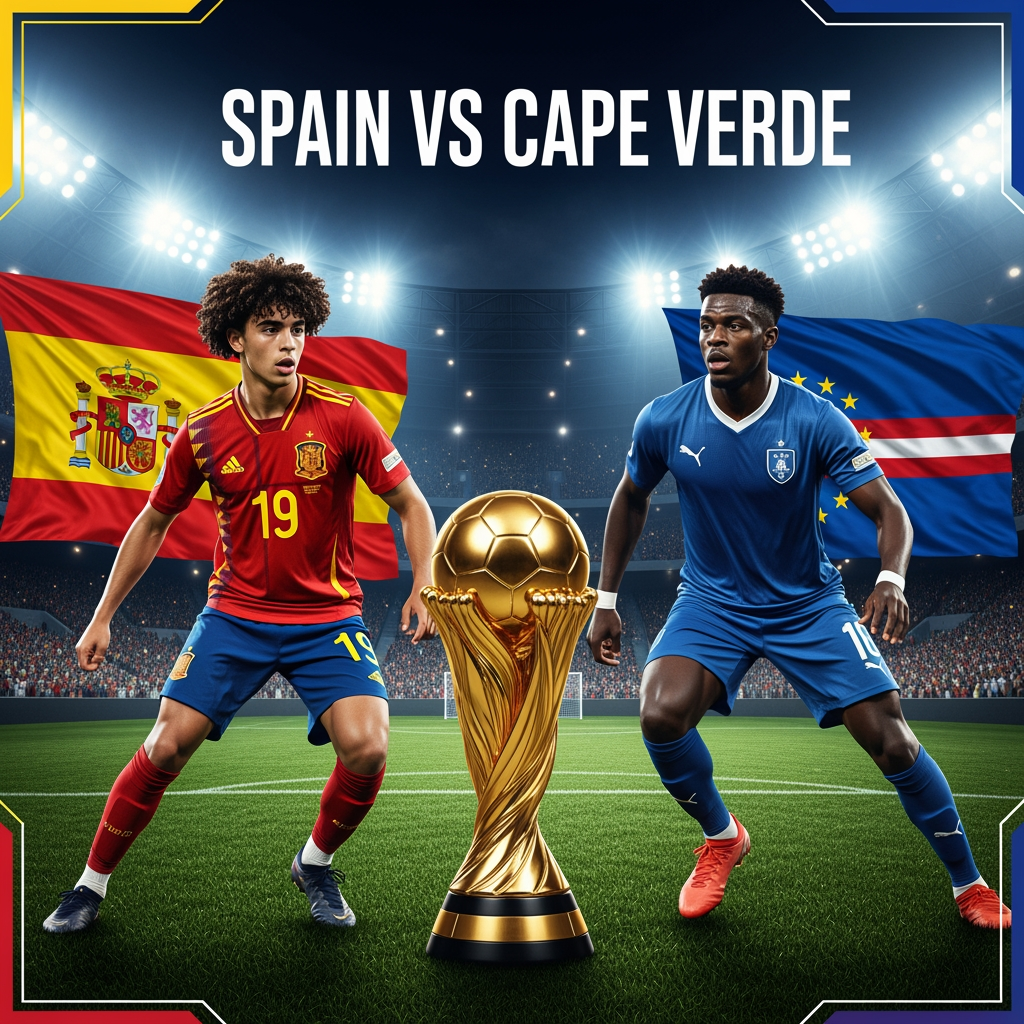 AI Design for Professional YouTube livestream thumbnail, 16:9 aspect ratio. Young Spanish football star on the left side, 17 years old, curly dark hair, realistic facial features, wearing red Spain national team jersey number 19. Cape Verde football player on the right side. Large golden championship trophy in the center. Packed football stadium, bright floodlights, dramatic atmosphere, realistic grass pitch. Spain flag behind the left side, Cape Verde flag behind the right side. Professional sports broadcast graphics. Large text: SPAIN VS CAPE VERDE. Ultra realistic, photorealistic, cinematic lighting, high detail, sports network style, no cartoon, no anime, no illustration.