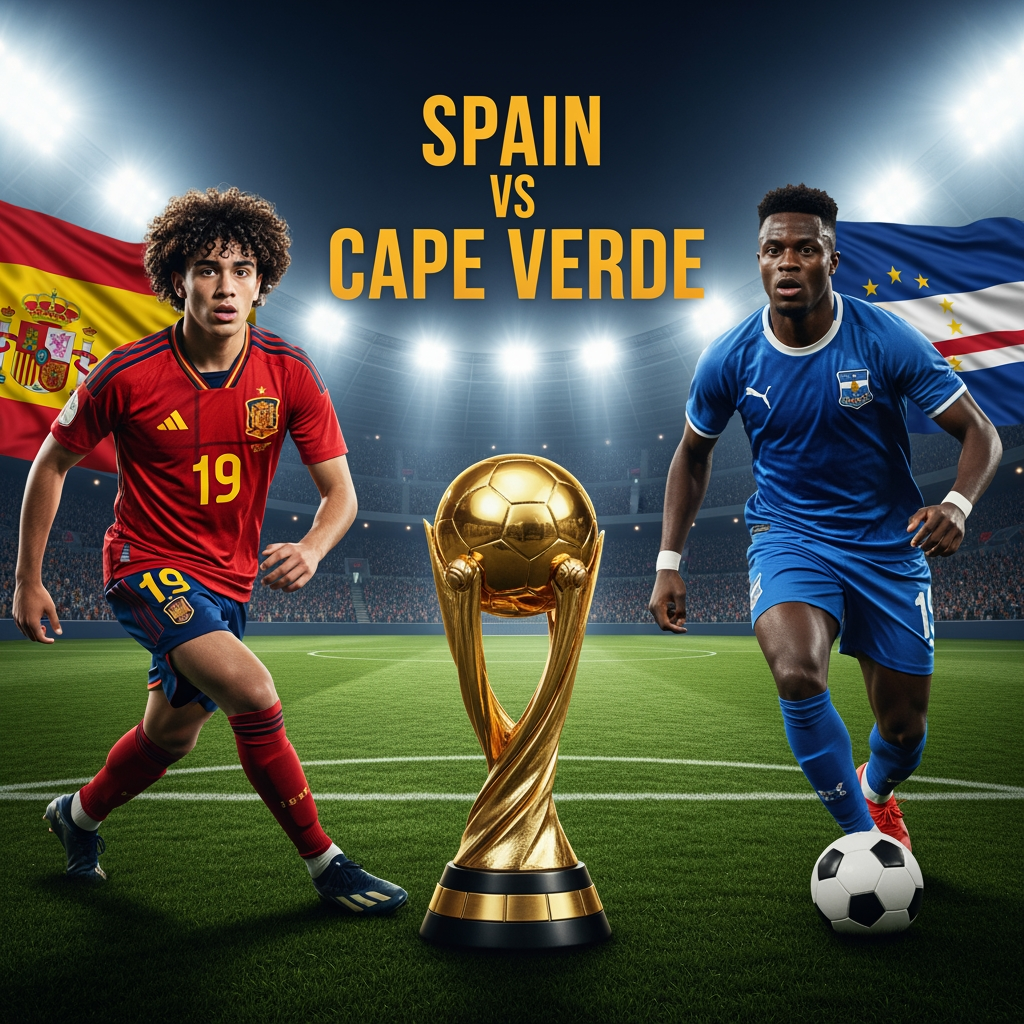 AI Design for Professional YouTube livestream thumbnail, 16:9 aspect ratio. Young Spanish football star on the left side, 17 years old, curly dark hair, realistic facial features, wearing red Spain national team jersey number 19. Cape Verde football player on the right side. Large golden championship trophy in the center. Packed football stadium, bright floodlights, dramatic atmosphere, realistic grass pitch. Spain flag behind the left side, Cape Verde flag behind the right side. Professional sports broadcast graphics. Large text: SPAIN VS CAPE VERDE. Ultra realistic, photorealistic, cinematic lighting, high detail, sports network style, no cartoon, no anime, no illustration.