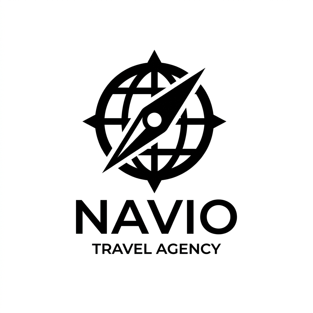 AI Design for A minimalist vector logo for a travel agency named Navio, featuring a clean, geometric icon that elegantly merges a compass needle with a stylized path or route. The design should be bold and simplistic, rendered in a single solid black color on a white background, embodying themes of navigation, flight, and global journeys with professional, modern typography.