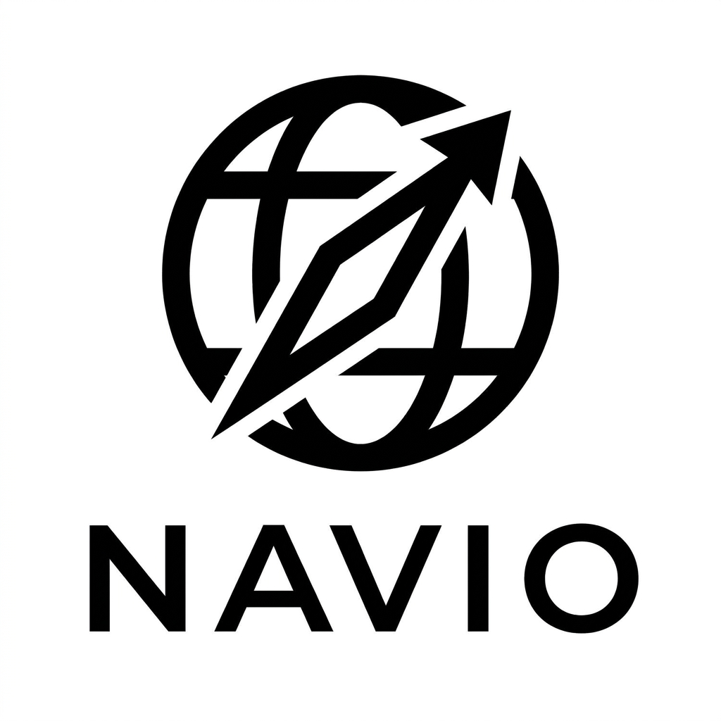 AI Design for A minimalist vector logo for a travel agency named Navio, featuring a clean, geometric icon that elegantly merges a compass needle with a stylized path or route. The design should be bold and simplistic, rendered in a single solid black color on a white background, embodying themes of navigation, flight, and global journeys with professional, modern typography.