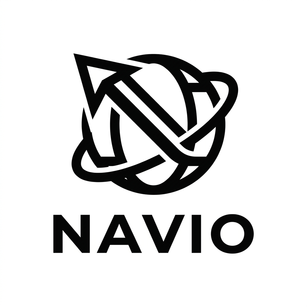 AI Design for A professional minimalist vector logo for Navio, featuring a clean, geometric icon that elegantly merges a sharp compass needle with a flowing, stylized travel route. The design utilizes bold, high-contrast lines and simplistic shapes in solid black on a crisp white background, emphasizing themes of global navigation and movement. The composition is balanced and modern, centered with clean, sans-serif typography that communicates trust and exploration.