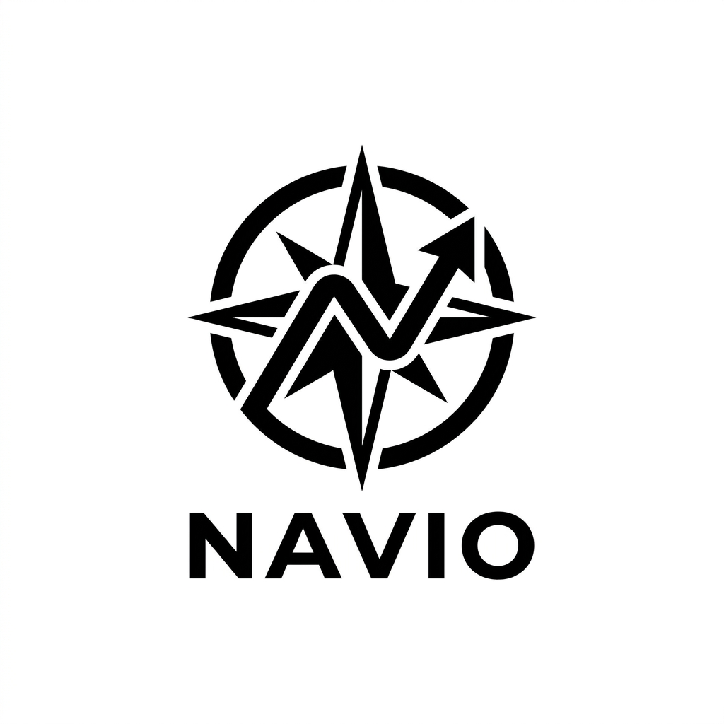 AI Design for A professional minimalist vector logo for Navio, featuring a clean, geometric icon that elegantly merges a sharp compass needle with a flowing, stylized travel route. The design utilizes bold, high-contrast lines and simplistic shapes in solid black on a crisp white background, emphasizing themes of global navigation and movement. The composition is balanced and modern, centered with clean, sans-serif typography that communicates trust and exploration.