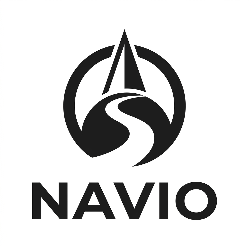 AI Design for A minimalist vector logo for a travel agency named Navio, featuring a clean, geometric icon that elegantly merges a compass needle with a stylized path or route. The design should be bold and simplistic, rendered in a single solid black color on a white background, embodying themes of navigation, flight, and global journeys with professional, modern typography.