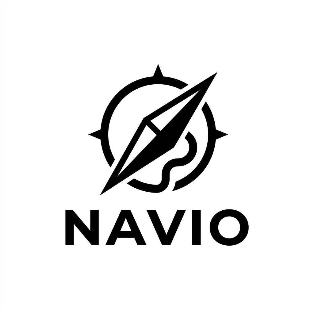 AI Design for A professional minimalist vector logo for Navio, featuring a clean, geometric icon that elegantly merges a sharp compass needle with a flowing, stylized travel route. The design utilizes bold, high-contrast lines and simplistic shapes in solid black on a crisp white background, emphasizing themes of global navigation and movement. The composition is balanced and modern, centered with clean, sans-serif typography that communicates trust and exploration.