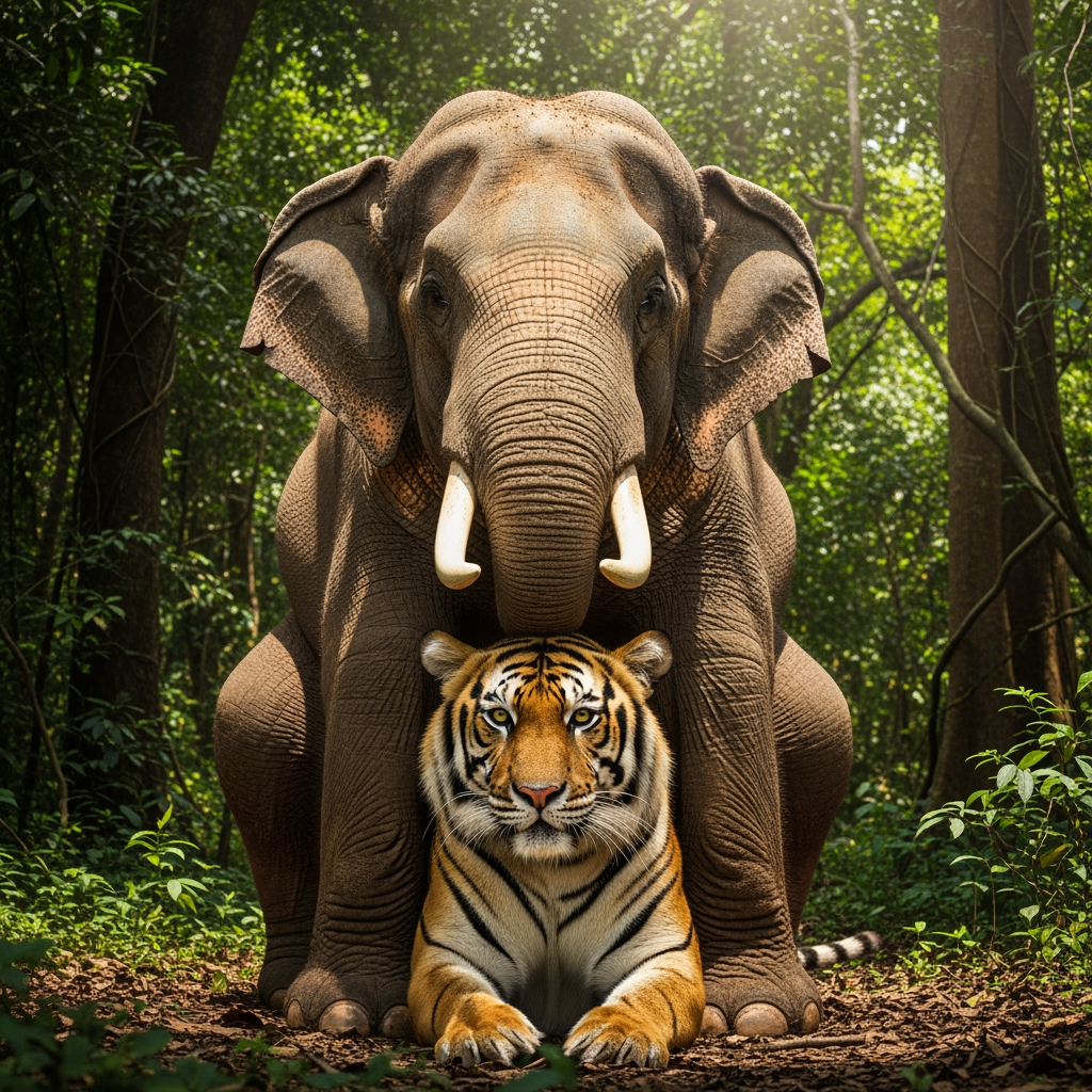AI Design for Create a picture of an elephant sitting on a tiger