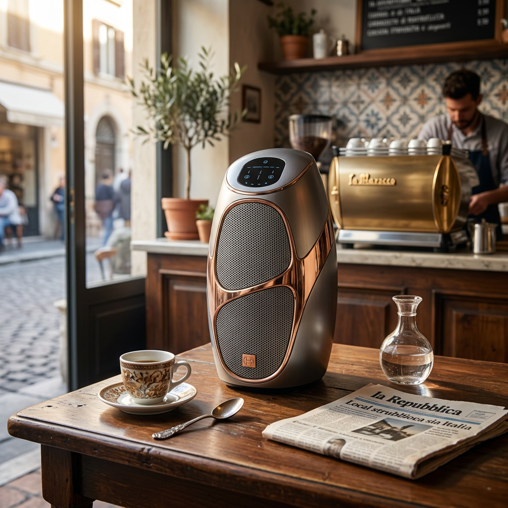 AI Design for @product[Fancy Speaker:80] Show this speaker on a table in an italian cafe

The attached image is a product reference photo. Use it to ensure accurate product representation, including colors, shapes, logos, and details. Maintain product fidelity while adapting to the creative context.